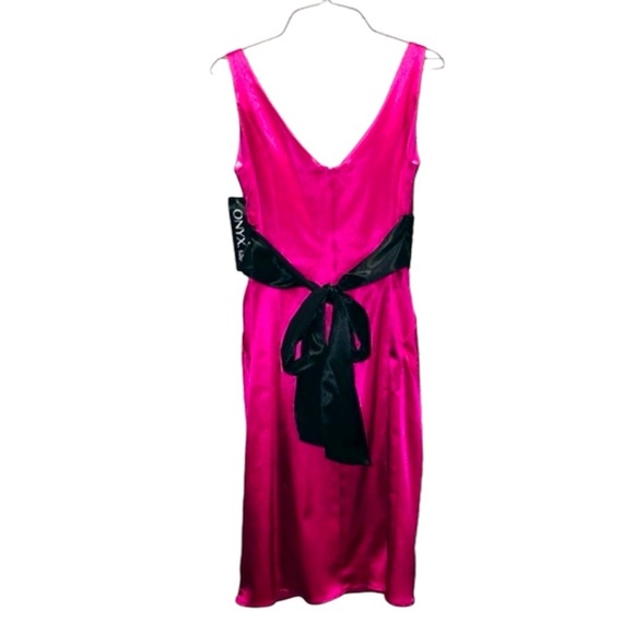 Onyx Nite Fuchsia Pink Black Bow Sexy Evening Semi Formal Satin Dress 6 S - Picture 4 of 8